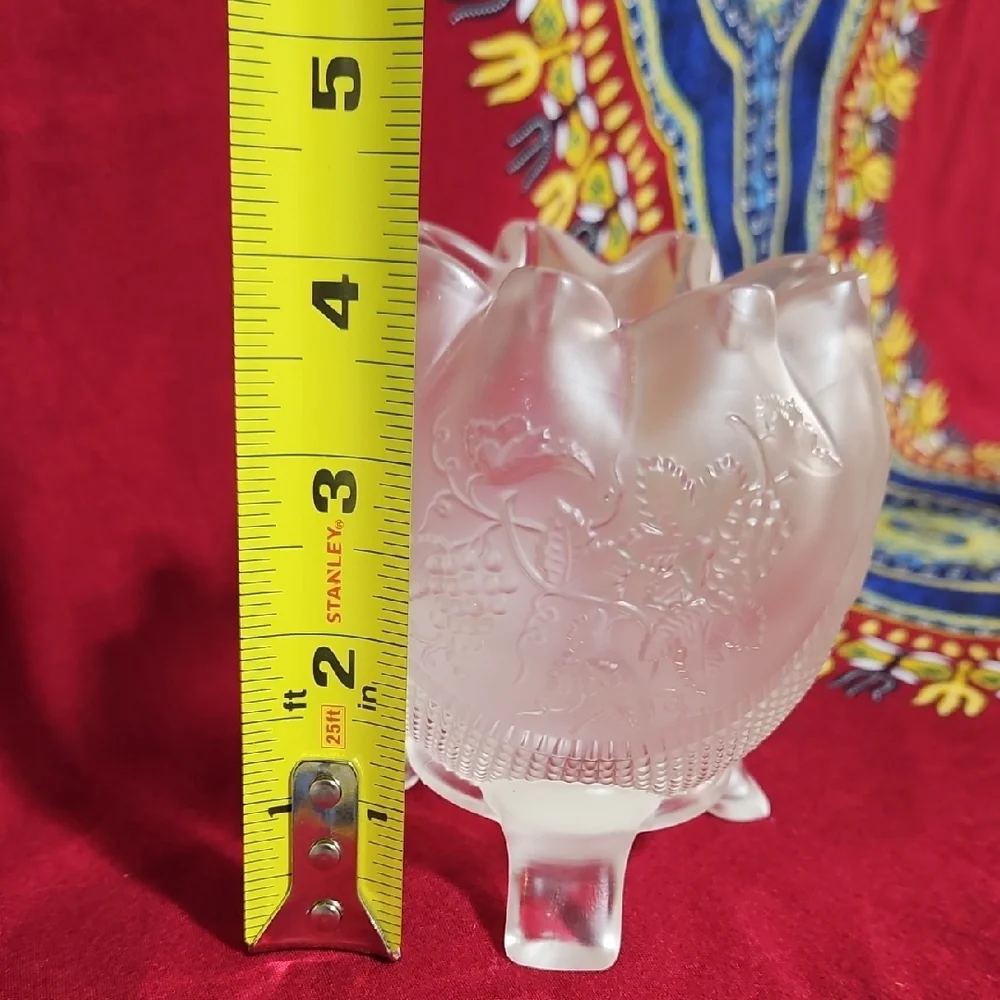 Vintage Fenton Glass Crystal Velvet Grape Rose Bowl Vase Three Toed/Footed